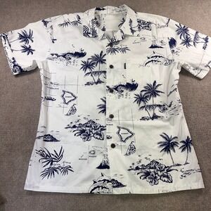Palmwave Mens Hawaiian Shirt White Blue Map Tropical Cotton Aloha XL A290